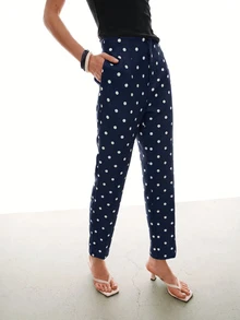 MOTF PREMIUM MINIMALIST FRENCH POLKA DOT TAPERED ANKLE PANTS - Navy Blue - View 4