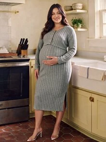 SHEIN Green Plus Size Maternity Knit Autumn/Winter 2 Pieces Set Strapless Camisole Dress & Ribbed Cardigan With Side Slit Vertical Stripes Slimming - Green - View 4