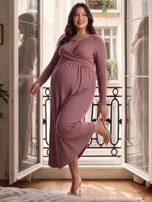 SHEIN Plus Size Long Sleeve Maternity Dress In Dusty Pink, Fuzzy Ribbed Knit, Comfortable Casual Style With Front Buttons, Nursing Friendly, Autumn/Winter - Dusty Pink - View 4