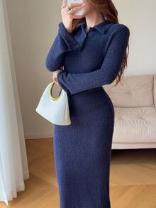 Feyla Women's Autumn/Winter Casual Solid Color Bodycon Dress - Blue - View 3