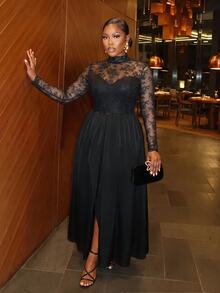 Slaydiva Plus Size Formal Gown, Black Lace Mesh Long Sleeve High Neck Split Satin Maxi Dress - Black - View 8
