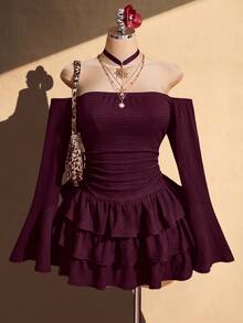 SHEIN ICON Women's Plus Size Textured Black Off-Shoulder Dress Fall - Burgundy - View 3