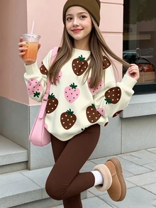 Tween女孩休閒可愛甜美波點草莓圖案，美式復古紅奶油色調，圓領休閒落肩衛衣與緊身內搭褲2件套，日常穿著舒適秋冬款，秋季新款，可愛 - 白色 - 查看 2