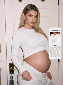 SHEIN 孕婦秋季休閒純色修身長袖T恤 - 白色 - 查看 3