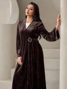 Veilorie عباية نسائية من المخمل أنيقة وعصرية مزينة بالمعادن بأكمام طويلة - أخضر - مشاهدة 1