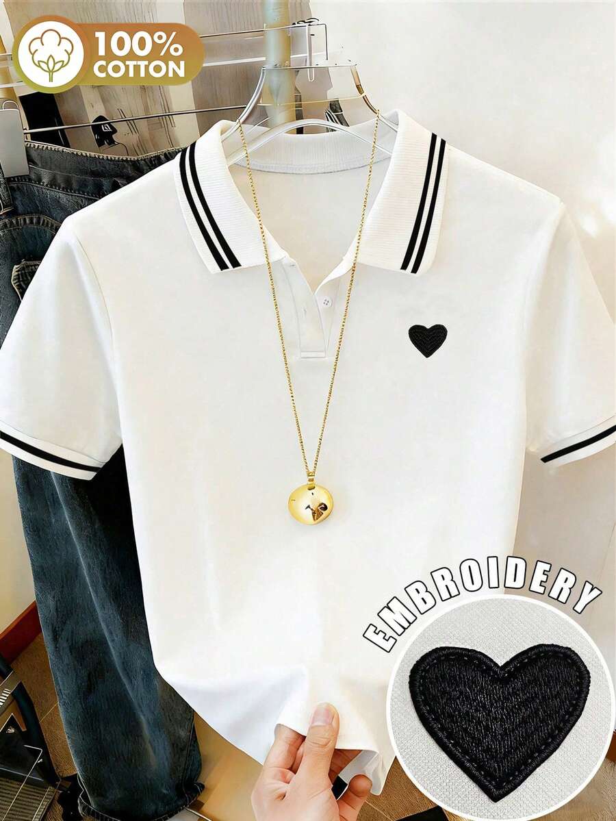 INAWLY Women's Casual Embroidered Striped Colorblock Short Sleeve T-Shirt For Daily Wear - Multicolor - View 1