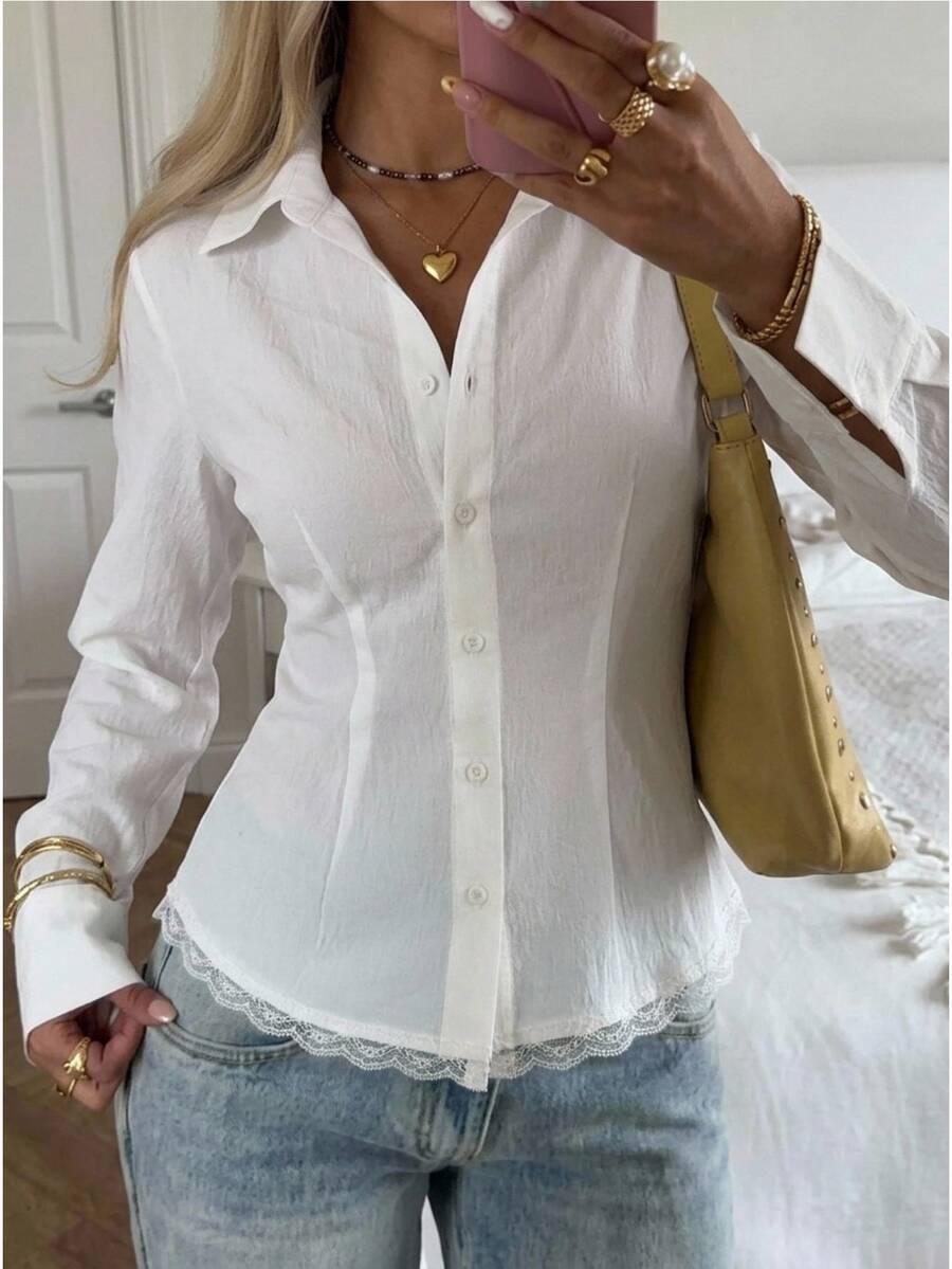 CovetEZ Women's Solid Color Long Sleeve Single-Breasted Lace Hem Patchwork Blouse - White - View 1