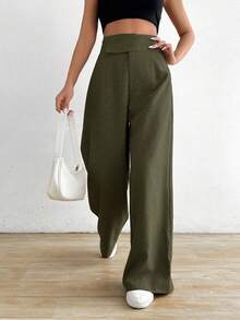 SHEIN Holidaya 女款休閒通勤不對稱腰寬腿長褲 - 軍綠色 - 查看 3