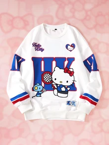 HELLO KITTY AND FRIENDS | SHEIN Men's Letter Cartoon Print Crew Neck Long Sleeve Casual Sweatshirt - White - View 3