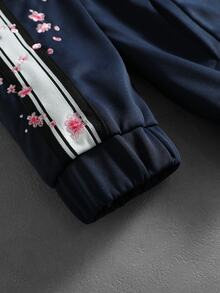ROMWE MEN Street Life 男士花卉刺繡圖案青蛙鈕扣設計休閒運動衫 - 藏蓝色 - 查看 2