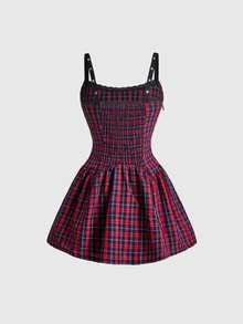 ROMWE Grunge Punk Black & Red Plaid Halter Neck Rivet Decor Low Waist Punk Women's Dress - Red and Black - View 2