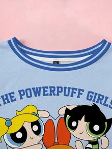 THE POWERPUFF GIRLS X SHEIN 大尺碼女款標語條紋圓領長袖休閒衛衣 秋季 - 白色 - 查看 4