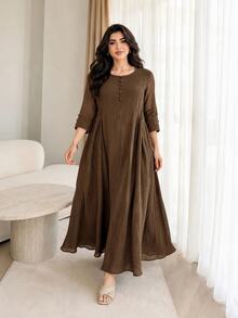 Solavon Plus Size Women's Solid Color Round Neck 3/4 Sleeve Button Design Casual Dress - Coffee Brown - View 1