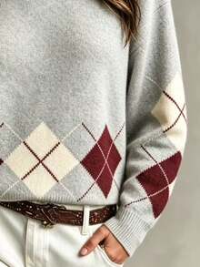 SHEIN Women's French Vintage Argyle Mock Neck Knit Sweater Women Autumn/Winter Loose Lazy Colorblock Diamond Pattern Pullover Halloween Top. - Grey - View 6