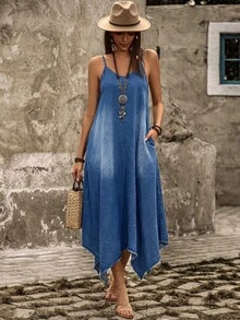 EMERY ROSE Gaun Denim Wanita Kasual dengan Hem Asimetris, Saku, dan Tali Bahu untuk Liburan - Royal Blue - View 5