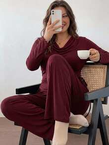 Dazy Plus Charming Solid Color Knitted Cowl Neck Waist-Cinching Top & Wide Leg Pajama Pants 2-Piece Loungewear Set - Burgundy - View 6