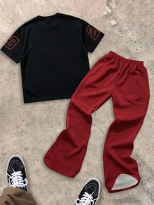 Kids Young Boy Casual Minimalist Short Sleeve Flare Pants Knit 2 Pieces Set Suitable For Spring And Summer - Multicolor - View 3