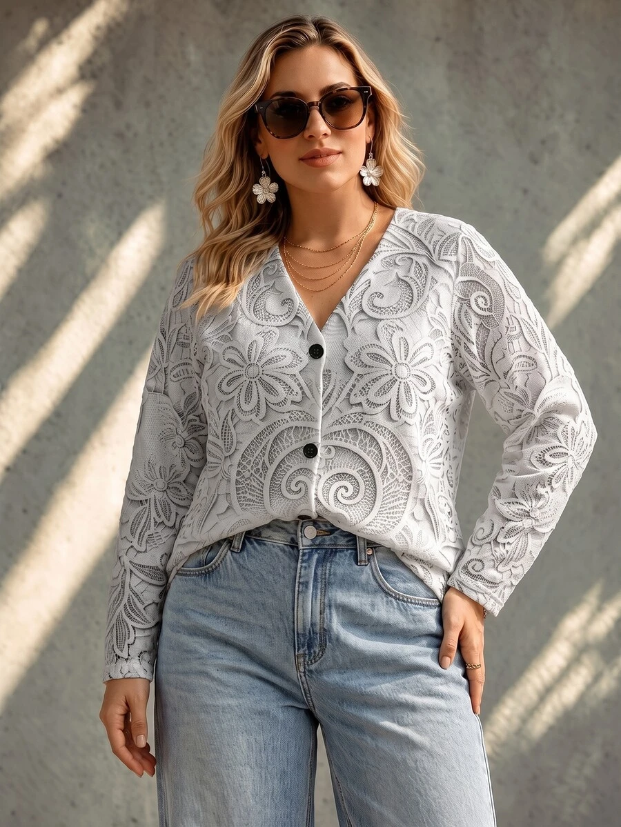 Vionelle Plus Size Autumn/Winter Casual Faux Lace Print Cardigan - Multicolor - View 1