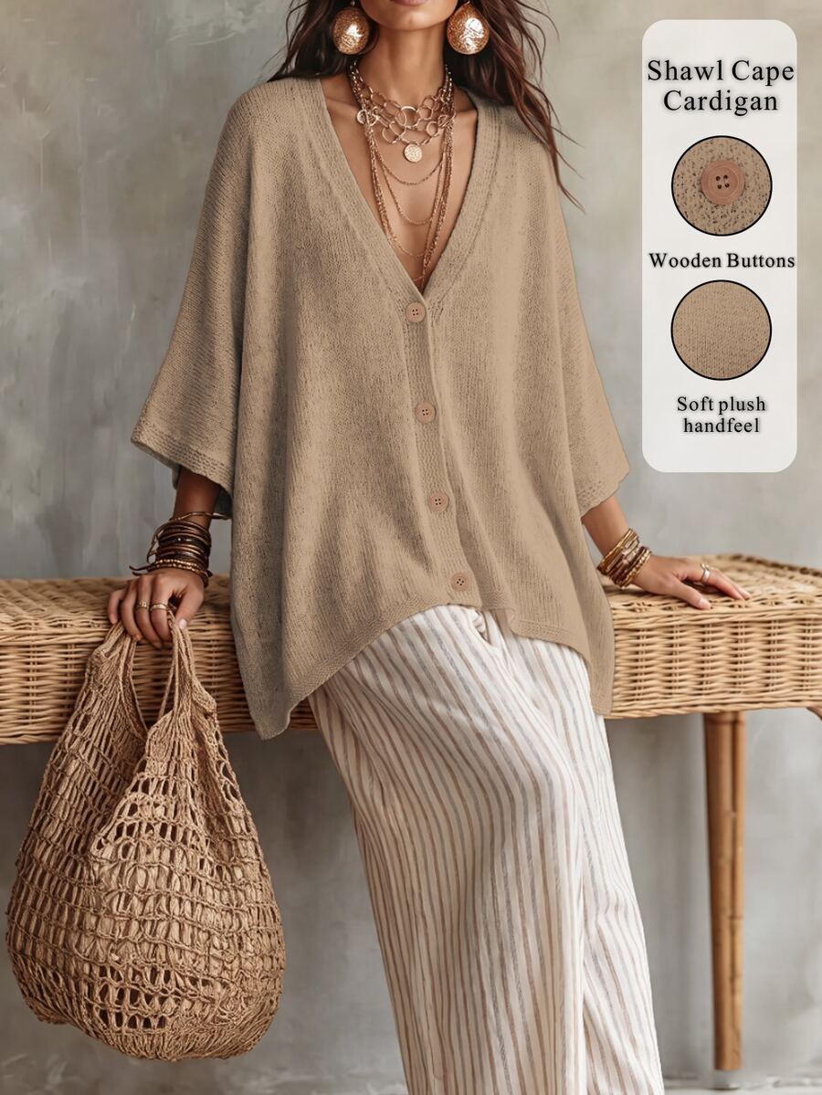 Linhara CURVE Plus Size Women Solid Color Knit Shawl Cardigan V-Neck Metal Button Suitable For Daily Casual Office Vacation Plus Size Women Cardigan - Champagne - View 1