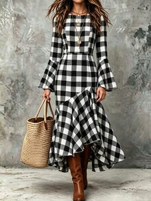 SHEIN فستان نسائي ربيع/خريف أسود & أبيض بنقشة مربعات كبيرة، رقبة دائرية، أكمام طويلة واسعة، خصر مشدود، طول متوسط، حافة ذيل سمكة غير متماثلة مع كشكشة - متعدد الألوان - مشاهدة 6