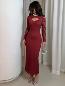 Modelyn Burgundy Hollow Lace Patchwork Slim Fit Bodycon Long Sleeve Midi Dress - Burgundy - View 6