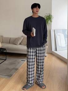 DAZY Spring/Summer Red Plaid Pants & T-Shirt Men's Loungewear Set - Navy Blue - View 7