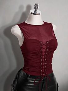 SHEIN ICON Plus Size Retro Y2K Sexy Mesh Patchwork Tank Top - Burgundy - View 10