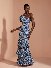 JIAN LASALA Gaun Panjang Elegan Berlapis Ganda dengan Motif Bunga Rajut, Satu Bahu, Lengan Pendek, dan Model Dua Lapis - Biru - View 4