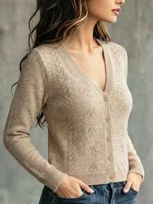 Linhara CURVE Plus Size Women's Solid Color Knit V-Neck Hollow Out Minimalist Casual Cardigan Suitable For Daily Commute Office School Vacation - Camel - View 6