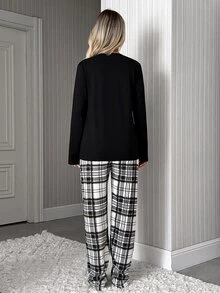 SHEIN طقم بيجامة نسائي لطيف بطبعة باندا وأكمام طويلة مع بنطال مربعات ناعم للمنزل - الأسود - مشاهدة 2