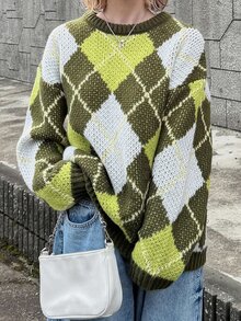 FRIFUL Women's Vintage Vacation Jacquard Long Sleeve Sweater, Fashionable And Versatile Fall Plaid - Khaki - View 6