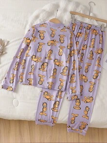 GARFIELD | SHEIN Tween Girl Cute Cartoon Print Long Sleeve Top And Pants Loungewear Set - Multicolor - View 3