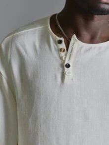 Musero Lose Fit Round Neck Off Centered Button Henley Top Autum Winter Essentials - Apricot - View 6