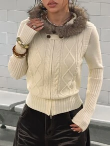 StreetHx Women's Versatile Classic Cable Knit Daily Commute Streetwear Retro Style Autumn/Winter Hooded Fur Collar Sweater Vest - Apricot - View 5