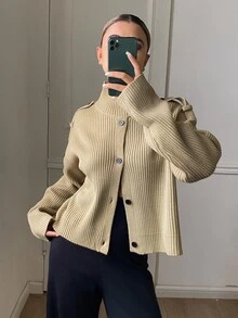 DAZY Women's Solid Color Loose Ribbed Long Sleeve High Neck Button Casual Streetwear Korean Style Vacation Thickened Jacket Regular Fit Fall - Khaki - View 3