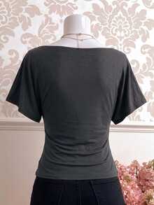 Collagica Collagica Women's Solid Color Elegant Fitted T-Shirt, Off-Shoulder Batwing Sleeve Slim Fit, Dark Gray, Spring/Summer Style, Y2Y, Casual Comfortable Summer Design, Casual Short Sleeve, Fashionable Comfortable, Cold Shoulder Neckline Design - Dark Grey - View 2