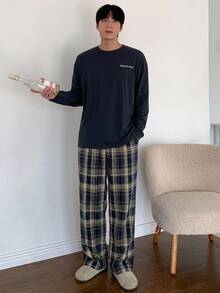 DAZY 夏季字母印花T恤與格紋長褲男士居家休閒套裝 - 彩色 - 查看 5