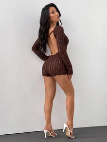 SHEIN PETITE 女款性感純色鏤空露背針織連身褲 秋冬款 - 巧克力棕 - 查看 10