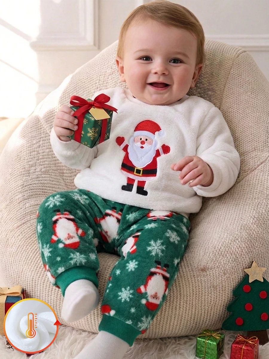 SHEIN Playful Pals 2件組 幼兒男嬰衛衣長褲套裝,可愛白色綠色聖誕補丁雪花毛絨長袖圓領加厚套頭衫,適合聖誕派對、冬季與秋季 - 綠色 - 查看 1