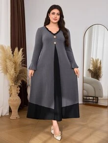 Lacomfia Đầm dáng rộng vừa vặn size lớn phong cách tối giản thường ngày, vải gân phối màu đen patchwork, cổ chữ V, tay dài, cổ tay bèo nhún, cho mùa xuân và mùa thu - Nhiều màu - Xem 5
