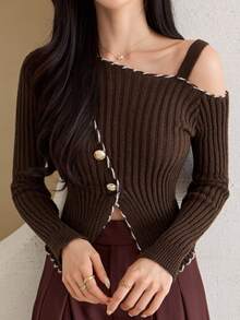 DAZY Women's Asymmetric Collar Long Sleeve Button Design Sweater - Brown - View 7