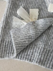 SHEIN 女童淺灰色圓領針織開襟衫，3D蕾絲蝴蝶結設計，短燈籠袖毛衣外套，寬鬆版型，秋冬外套上衣 - 灰色 - 查看 4