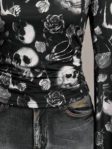 SHEIN ICON 大尺碼女款萬聖節骷髏印花深色哥德風上衣 - 彩色 - 查看 7