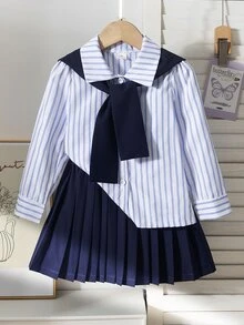 SHEIN Elladie kids 女童藍白棕色襯衫百褶裙兩件套 上衣：直條紋長袖披肩式下擺 高腰迷你裙 校園生日穿搭 - 白色 - 查看 3