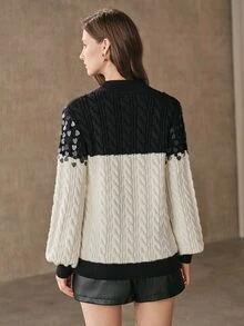 Anewsta French Autumn/Winter High-End Fashion Design Elegant Sophisticated Evening Style Heavy Beaded Sequin Wheat Pattern High Neck Knit Sweater - Black and White - View 7