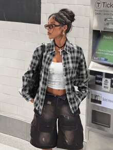 StreetHx Women's Streetwear Loose Black & White Plaid Rhinestone Long Sleeve Shirt - Multicolor - View 1