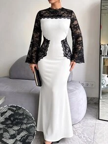Modelyn فستان أنيق فاخر بأسلوب المشاهير من الدانتيل مع رقعات وأكمام طويلة وتصميم مفرغ وألوان متباينة بقصة ضيقة وإطلالة جذابة للنساء بمقاسات كبيرة - أبيض وأسود - مشاهدة 2