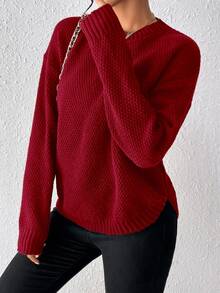 SHEIN Raffinéa Women's Casual Simple Versatile Solid Color Sweater, Autumn/Winter Everyday Burgundy Red - Red - View 3
