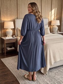 SHEIN Blue Plus Size Maternity Loungewear Dress, Casual Spring/Autumn V-Neck Drawstring Ruched Comfortable Slimming - Blue - View 2