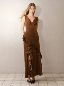 MOTF PREMIUM WOMEN'S LACE PATCHWORK RUFFLE SLIM FIT LONG DRESS, AUTUMN/WINTER - Coffee - View 6